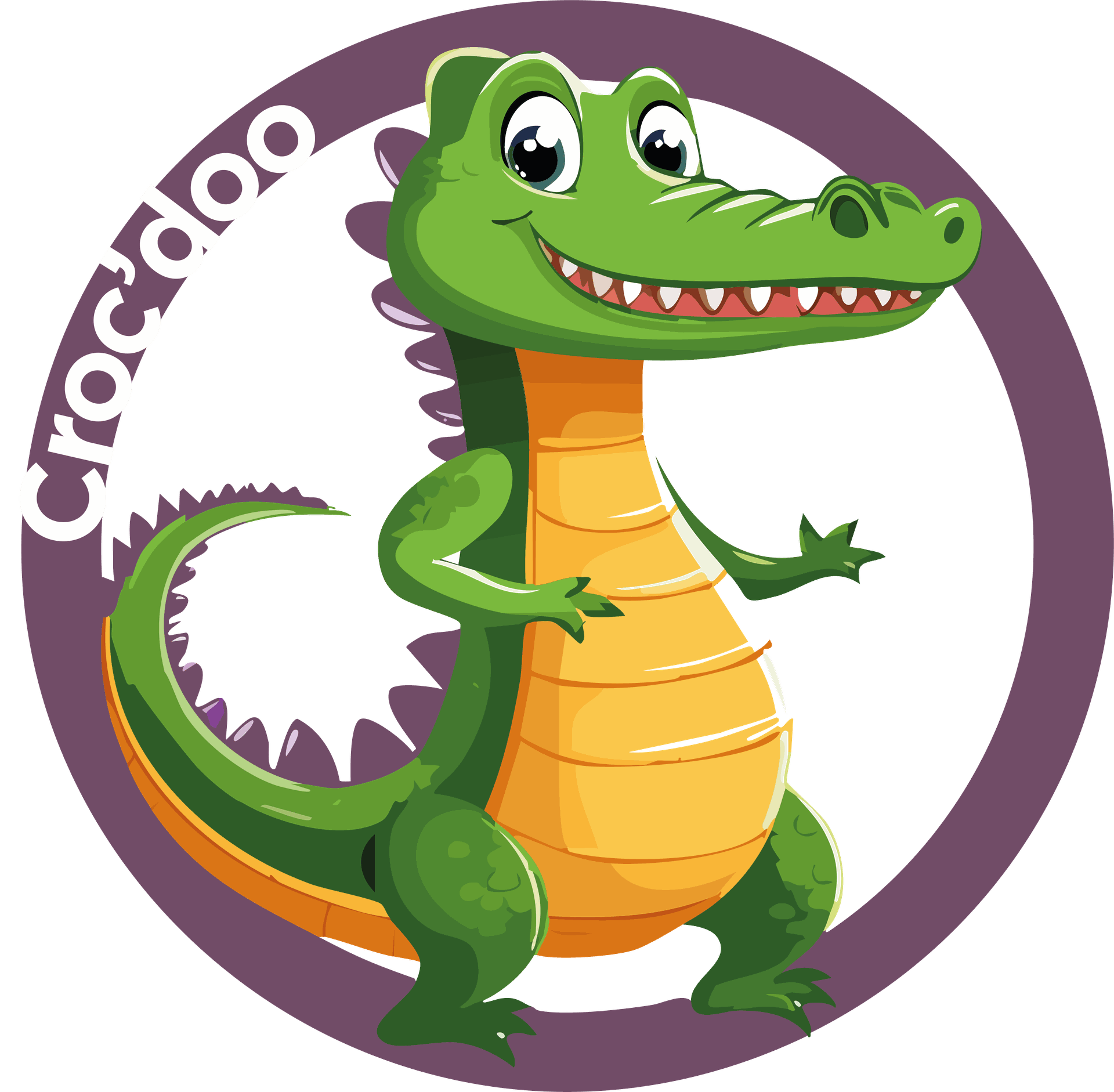 llustration de la mascotte officielle Croc’doo : un crocodile vert, souriant et debout, avec un ventre jaune et un style cartoon convivial. L’animal est placé au centre d’un cercle mauve représentant l’identité visuelle de Croc’doo. Ce visuel incarne la marque Croc’doo, intégrateur et partenaire Odoo basé à Toulouse et au Luxembourg. L’image symbolise l’accompagnement, la proximité et l’expertise Odoo pour la mise en place, l’optimisation et la migration du logiciel de gestion ERP.