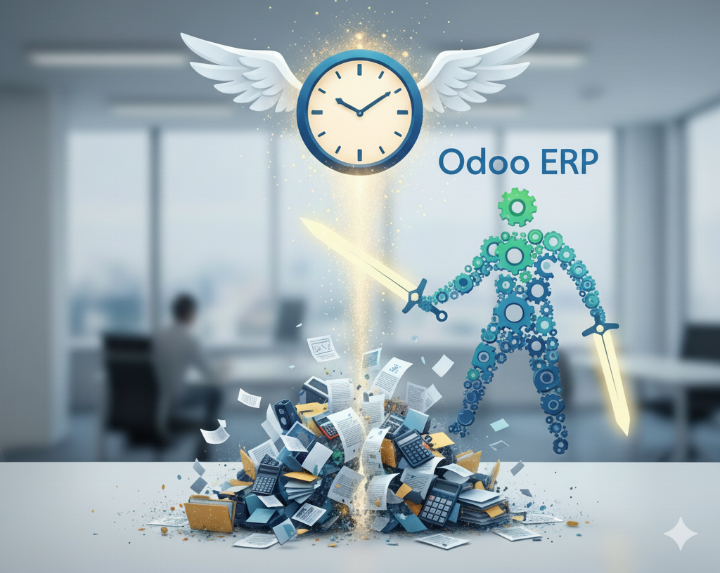 Image illustrant l’impact d’Odoo ERP sur la gestion d’entreprise. La partie gauche montre un amas désorganisé de documents, factures, calculatrices et dossiers symbolisant le chaos administratif et la perte de temps. La partie droite représente une silhouette humaine composée d’engrenages, tenant une épée lumineuse, incarnant Odoo ERP qui structure, automatise et simplifie les processus internes. Un cadran avec des ailes symbolise le gain de temps et l’efficacité apportés par Odoo. Cette image met en avant la transformation digitale rendue possible par Odoo, cœur de l’accompagnement proposé par Croc’doo.