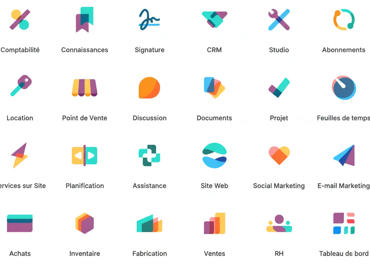 Image présentant la grille des modules Odoo sous forme d’icônes colorées représentant les principales applications de l’ERP : Comptabilité, Connaissances, Signature, CRM, Studio, Abonnements, Location, Point de Vente, Discussion, Documents, Projet, Feuilles de temps, Services sur site, Planification, Assistance, Site Web, Social Marketing, E-mail Marketing, Achats, Inventaire, Fabrication, Ventes, Ressources Humaines et Tableau de bord. Ce visuel illustre le caractère complet, modulaire et intégré d’Odoo, utilisé par Croc’doo pour accompagner les PME dans leur digitalisation, leur gestion quotidienne et l’automatisation de leurs processus.