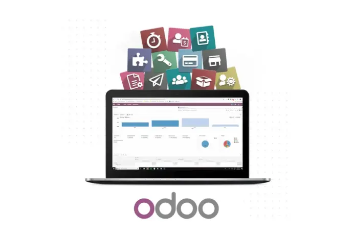 Image représentant l’écosystème Odoo : un ordinateur portable affiche le tableau de bord Odoo, tandis que plusieurs icônes colorées symbolisant les modules CRM, comptabilité, ventes, achats, projets, stock, marketing et RH sortent de l’écran. Cette illustration met en avant la richesse fonctionnelle d’Odoo, l’ERP tout-en-un utilisé par Croc’doo pour accompagner les entreprises dans leur digitalisation, leur gestion commerciale et l’automatisation de leurs processus.